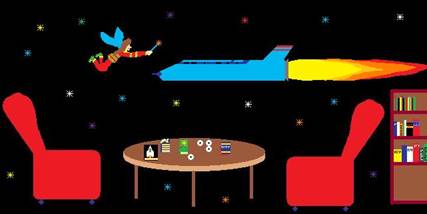Logo zeigt Sitzgruppe freischwebend im All, ein Raumschiff ber dem Tisch, eine Elfe mit Zauberstab und ein Bcherregal.